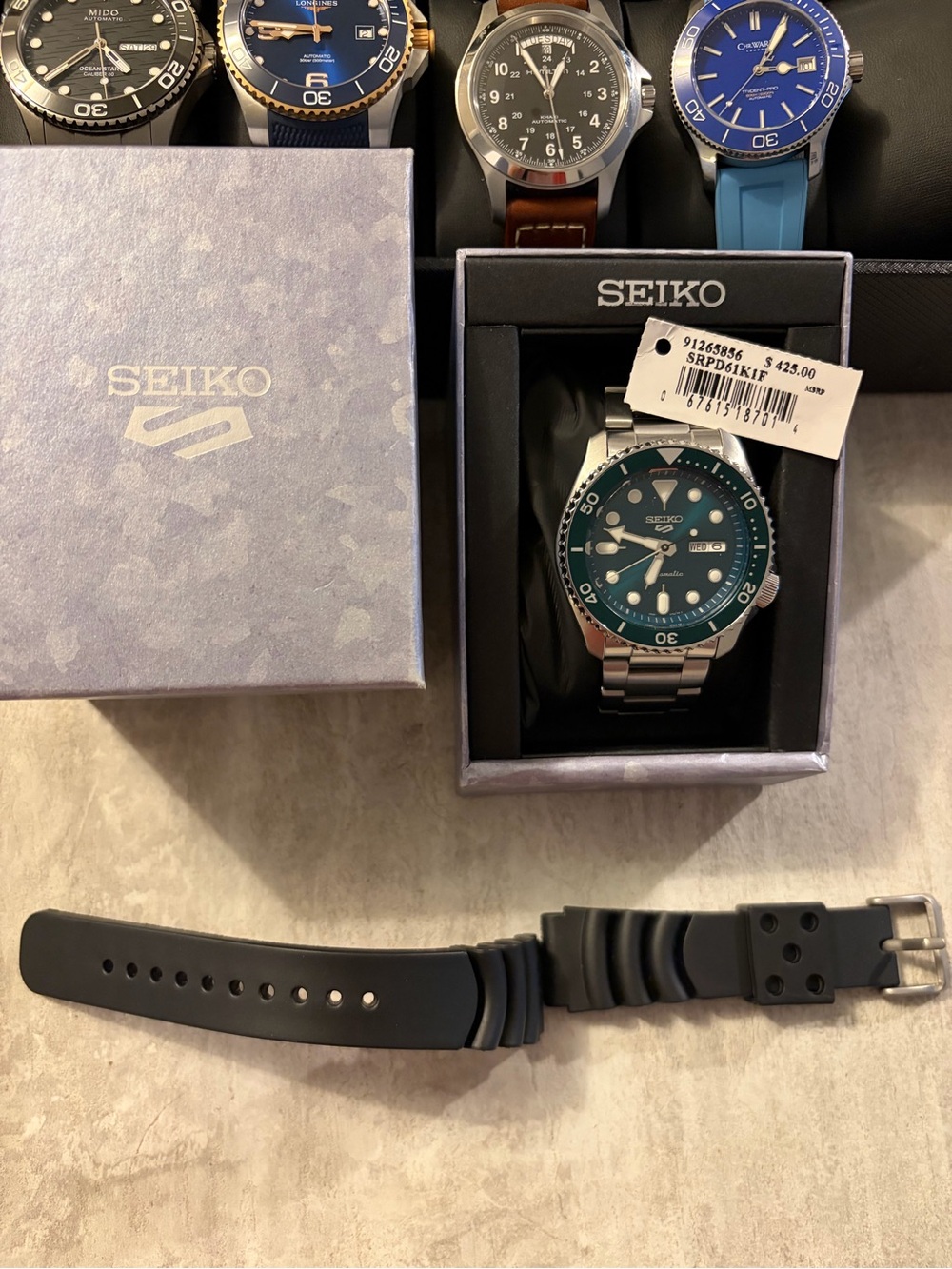 Seiko Teal Green Dial Stainless Steel Dive Watch in Box